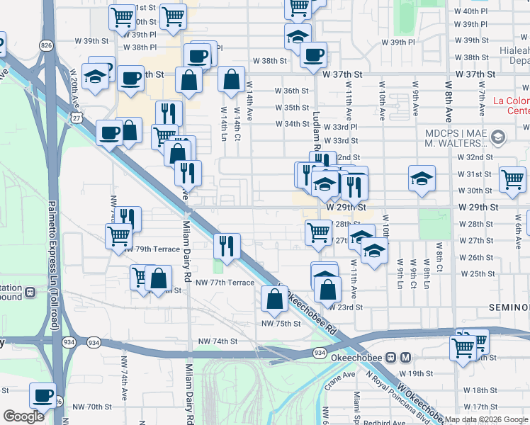 map of restaurants, bars, coffee shops, grocery stores, and more near in Hialeah
