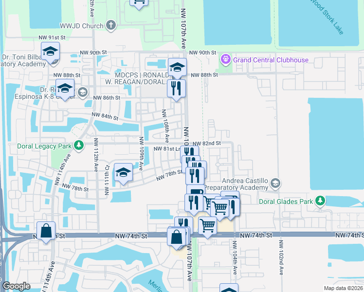 map of restaurants, bars, coffee shops, grocery stores, and more near 10751 Northwest 81st Lane in Doral
