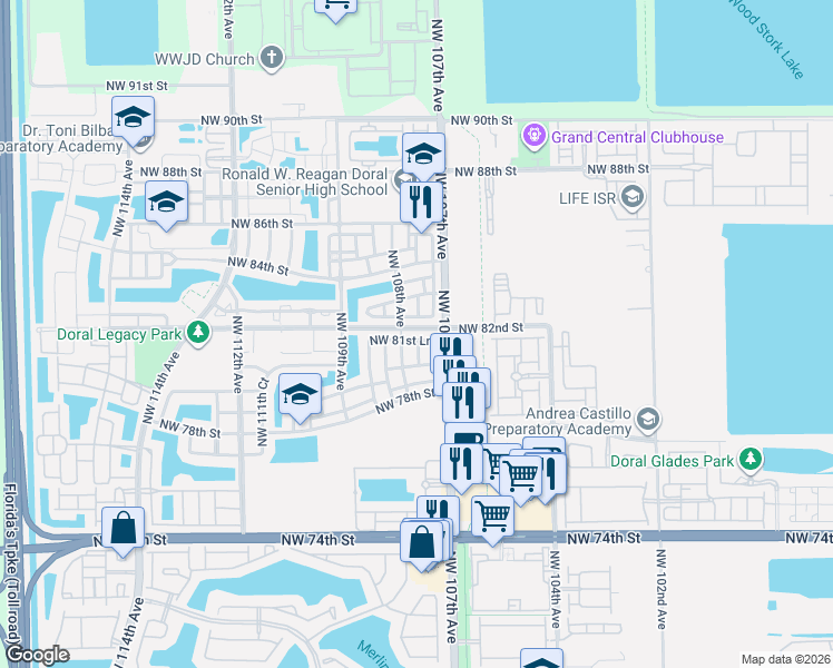 map of restaurants, bars, coffee shops, grocery stores, and more near 10751 Northwest 81st Lane in Doral