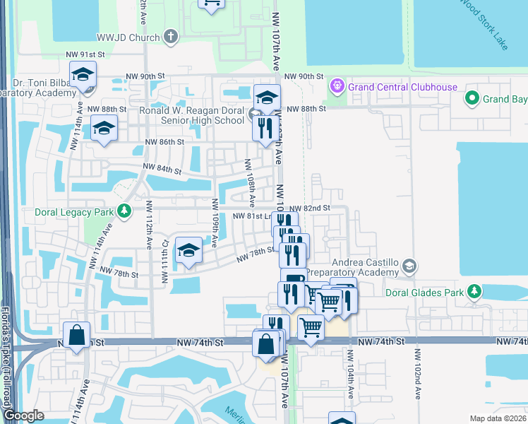 map of restaurants, bars, coffee shops, grocery stores, and more near 10751 Northwest 81st Lane in Doral