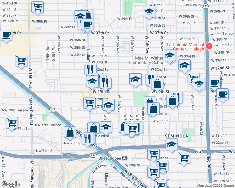 map of restaurants, bars, coffee shops, grocery stores, and more near 1006 West 29th Street in Hialeah