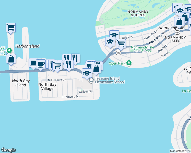 map of restaurants, bars, coffee shops, grocery stores, and more near in North Bay Village