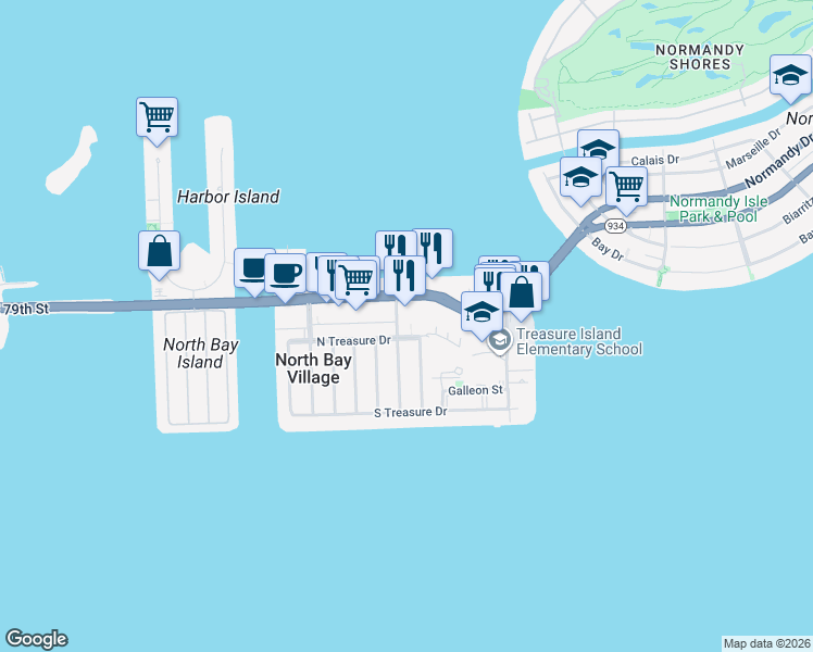 map of restaurants, bars, coffee shops, grocery stores, and more near 7901 Hispanola Avenue in North Bay Village