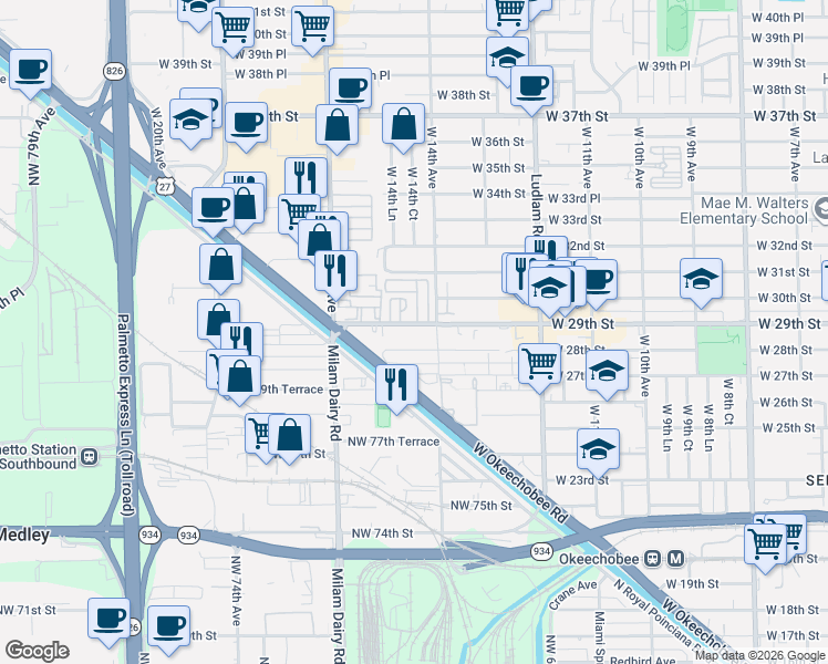 map of restaurants, bars, coffee shops, grocery stores, and more near 1479 West 29th Street in Hialeah