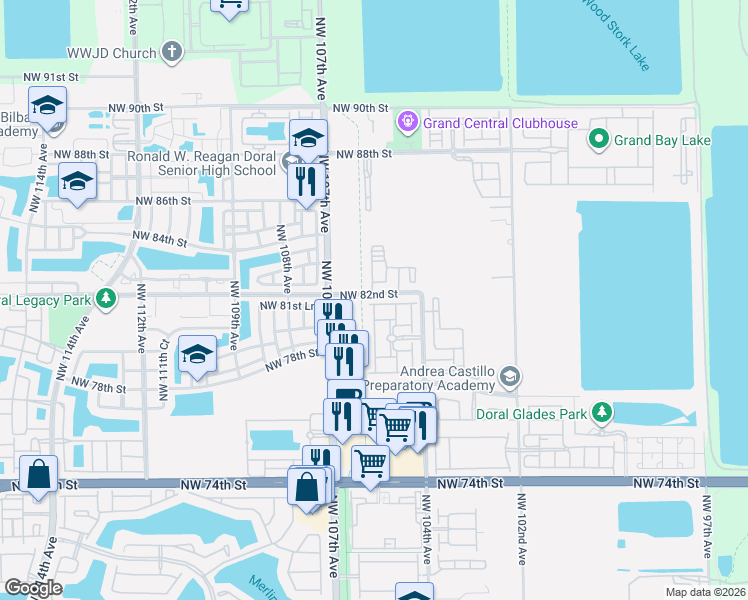 map of restaurants, bars, coffee shops, grocery stores, and more near 10419 Northwest 82nd Street in Doral