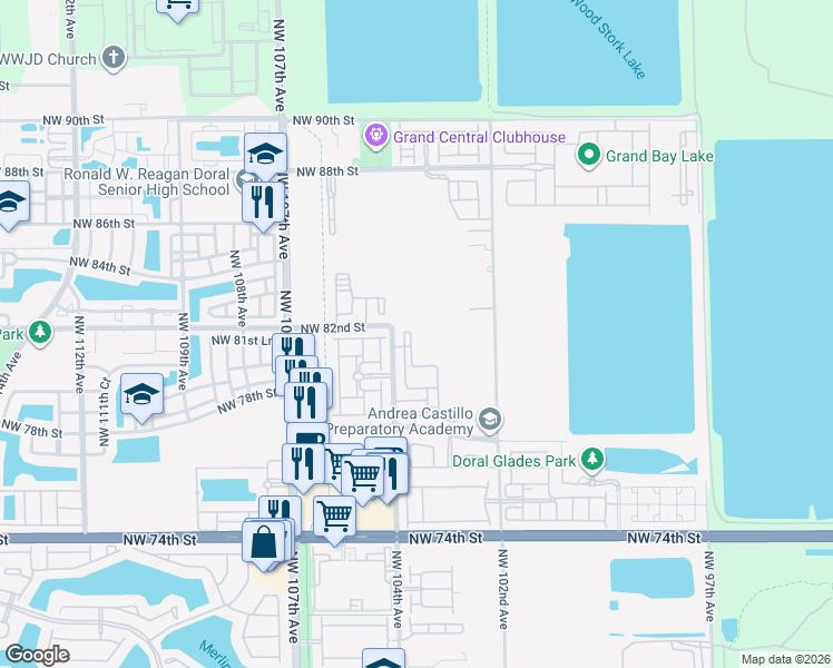 map of restaurants, bars, coffee shops, grocery stores, and more near 8195 Northwest 104th Avenue in Doral