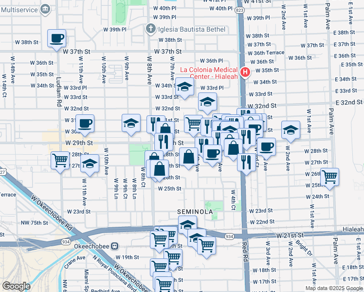 map of restaurants, bars, coffee shops, grocery stores, and more near 620 West 29th Street in Hialeah