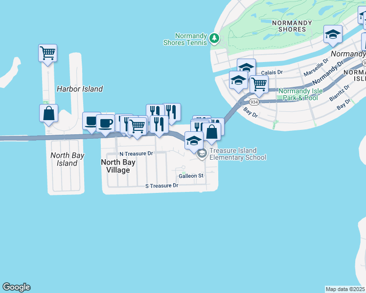 map of restaurants, bars, coffee shops, grocery stores, and more near 1800 John F Kennedy Causeway in North Bay Village