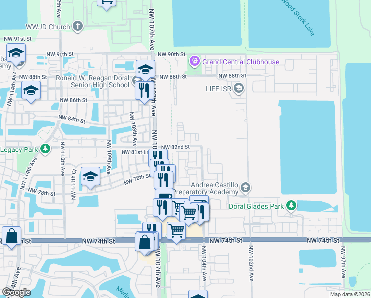map of restaurants, bars, coffee shops, grocery stores, and more near 10419 Northwest 82nd Street in Doral