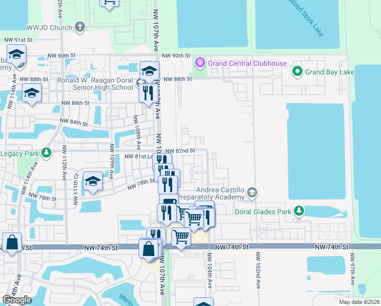map of restaurants, bars, coffee shops, grocery stores, and more near 10419 Northwest 82nd Street in Doral