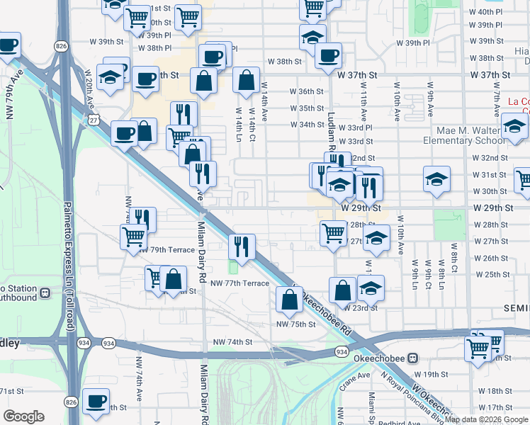 map of restaurants, bars, coffee shops, grocery stores, and more near in Hialeah