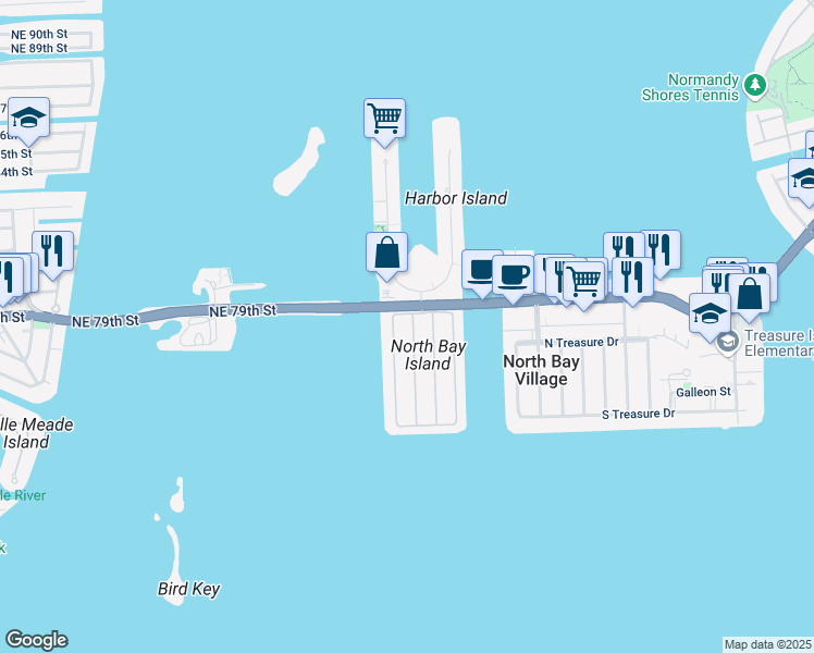 map of restaurants, bars, coffee shops, grocery stores, and more near 7810 Coquina Drive in North Bay Village