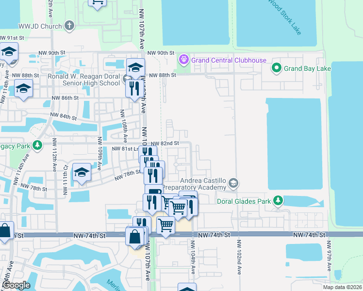 map of restaurants, bars, coffee shops, grocery stores, and more near 10401 Northwest 82nd Street in Doral