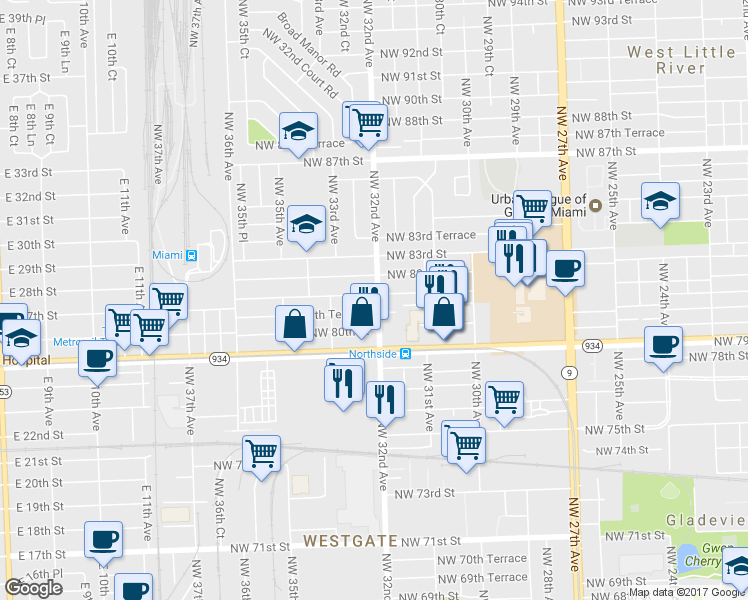 map of restaurants, bars, coffee shops, grocery stores, and more near 8120 Northwest 32nd Avenue in Miami
