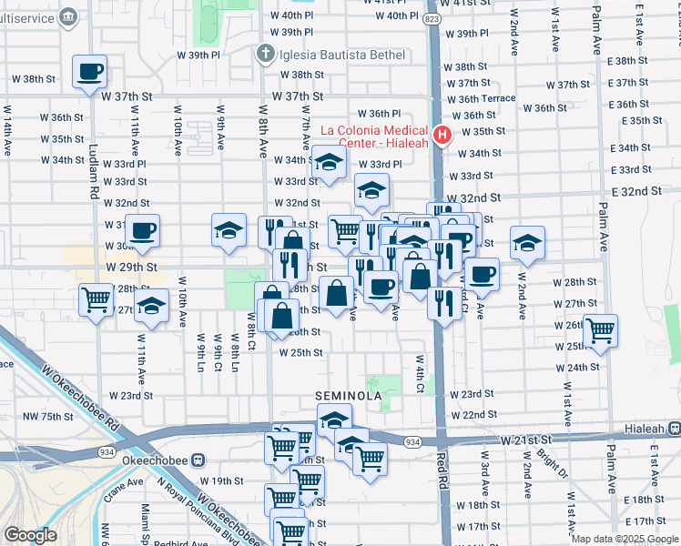 map of restaurants, bars, coffee shops, grocery stores, and more near 620 West 29th Street in Hialeah
