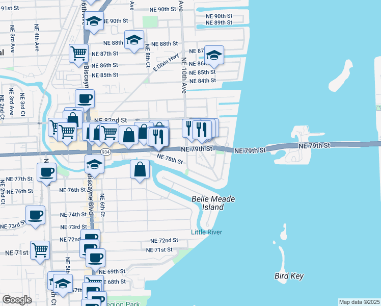 map of restaurants, bars, coffee shops, grocery stores, and more near 990 Northeast 79th Street in Miami