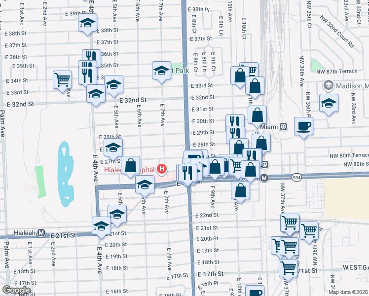 map of restaurants, bars, coffee shops, grocery stores, and more near 2780 East 8th Avenue in Hialeah