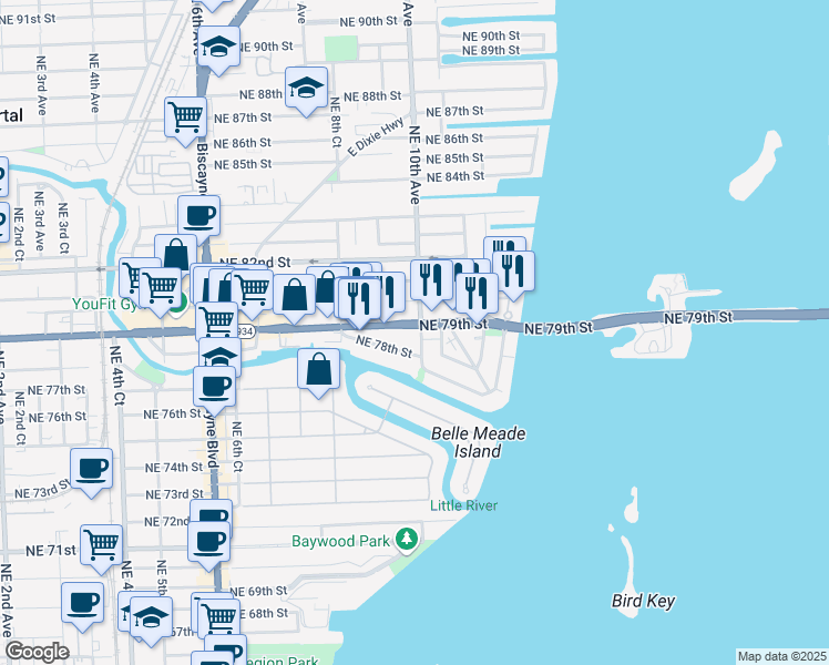map of restaurants, bars, coffee shops, grocery stores, and more near 990 Northeast 79th Street in Miami
