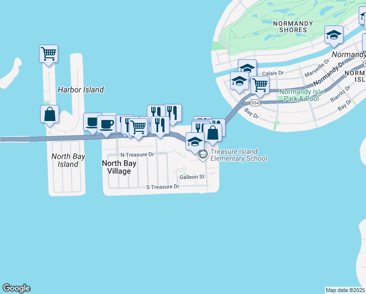 map of restaurants, bars, coffee shops, grocery stores, and more near 1800 John F Kennedy Causeway in North Bay Village