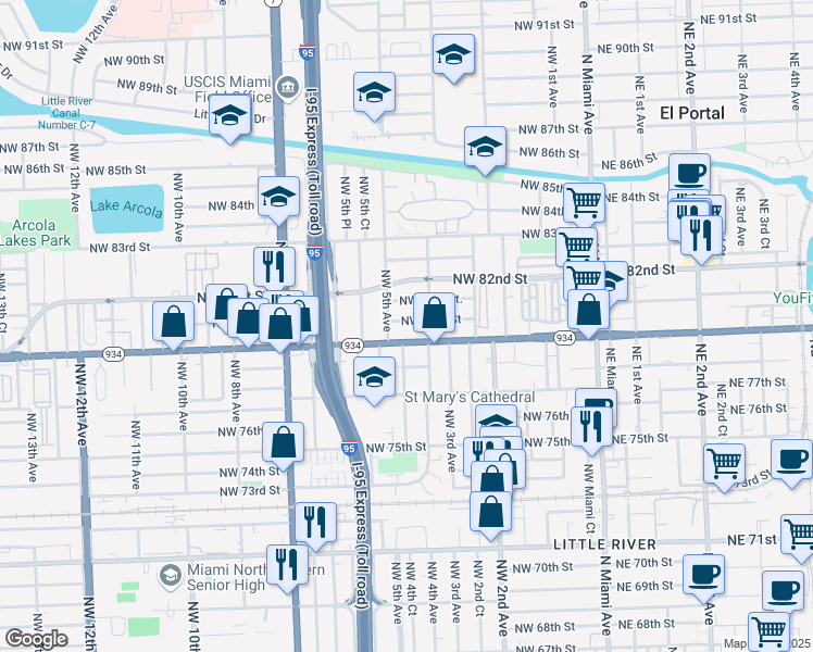map of restaurants, bars, coffee shops, grocery stores, and more near 495 Northwest 80th Street in Miami