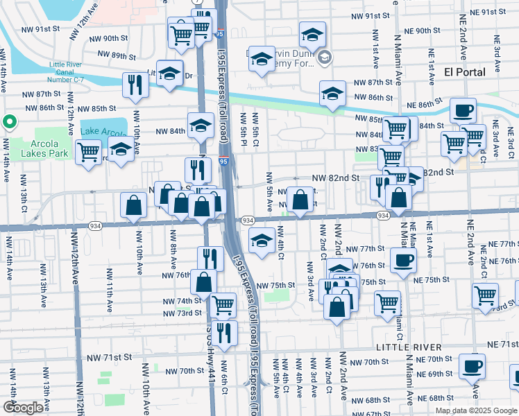 map of restaurants, bars, coffee shops, grocery stores, and more near 7970 Northwest 5th Court in Miami