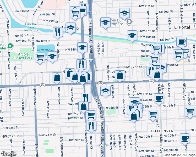 map of restaurants, bars, coffee shops, grocery stores, and more near 7970 Northwest 5th Court in Miami