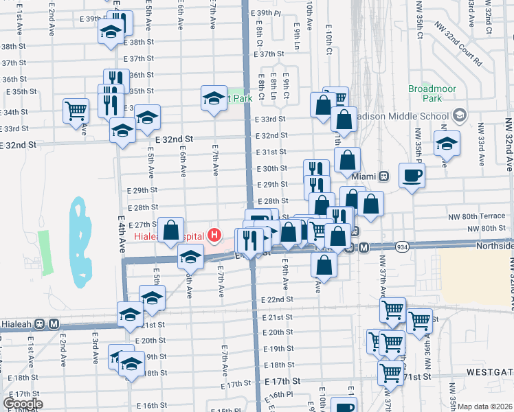 map of restaurants, bars, coffee shops, grocery stores, and more near 2780 East 8th Avenue in Hialeah