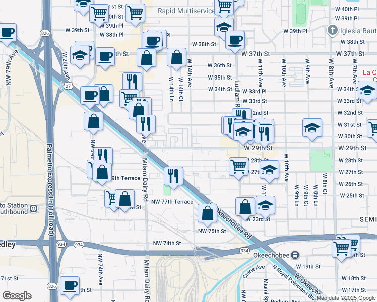 map of restaurants, bars, coffee shops, grocery stores, and more near in Hialeah