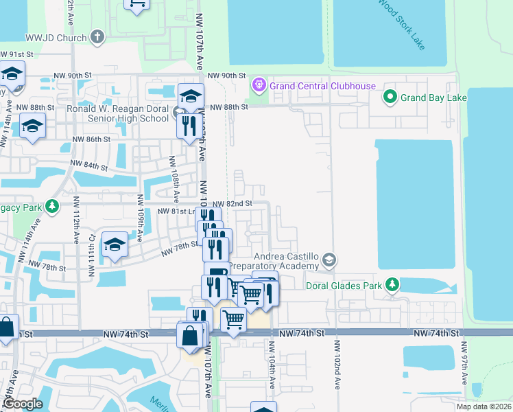 map of restaurants, bars, coffee shops, grocery stores, and more near 10401 Northwest 82nd Street in Doral