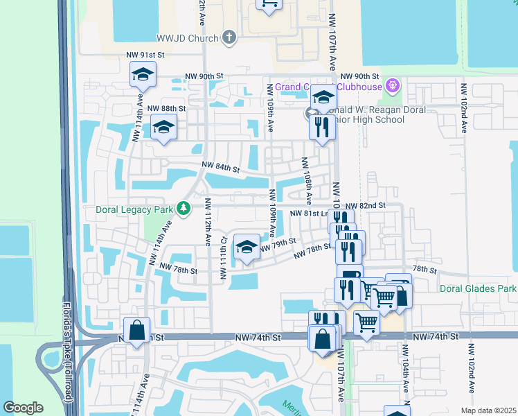 map of restaurants, bars, coffee shops, grocery stores, and more near 11002 Northwest 83rd Street in Doral