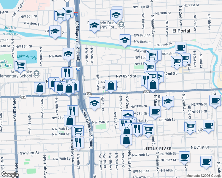 map of restaurants, bars, coffee shops, grocery stores, and more near 7951 Northwest 4th Avenue in Miami