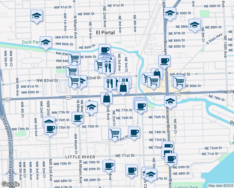 map of restaurants, bars, coffee shops, grocery stores, and more near 259 Northeast 79th Street in Miami