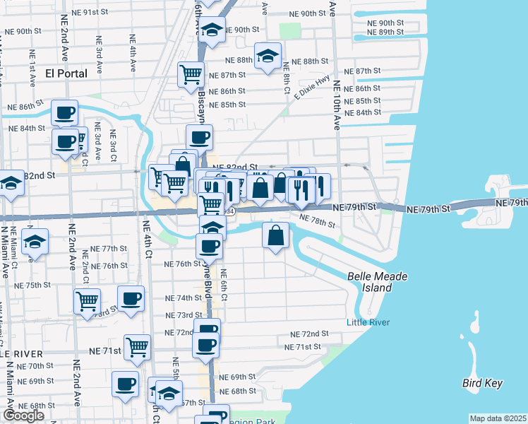map of restaurants, bars, coffee shops, grocery stores, and more near 755 Northeast 79th Street in Miami
