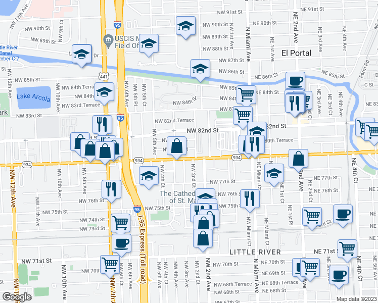 map of restaurants, bars, coffee shops, grocery stores, and more near 244 Northwest 80th Street in Miami