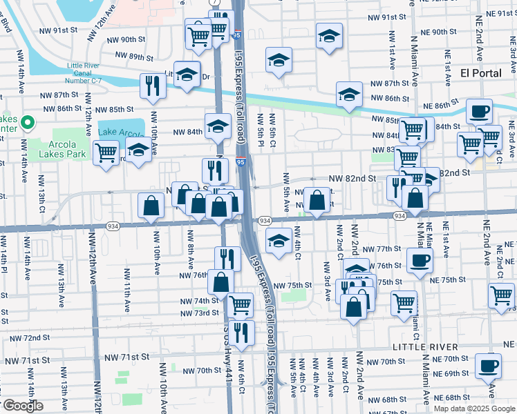 map of restaurants, bars, coffee shops, grocery stores, and more near 7970 Northwest 5th Court in Miami