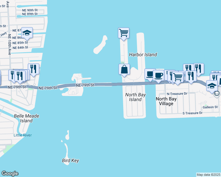map of restaurants, bars, coffee shops, grocery stores, and more near 1440 Northeast 79th Street in North Bay Village