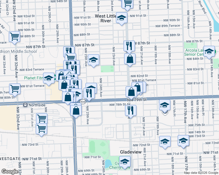 map of restaurants, bars, coffee shops, grocery stores, and more near 2334 Northwest 81st Street in Miami