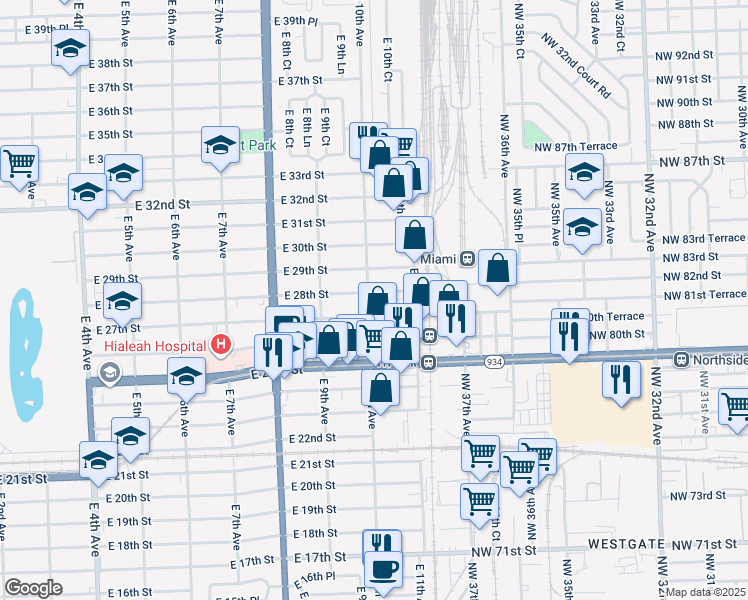 map of restaurants, bars, coffee shops, grocery stores, and more near 1010 East 28th Street in Hialeah