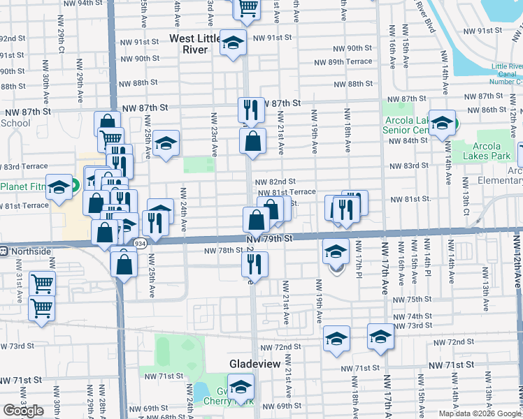 map of restaurants, bars, coffee shops, grocery stores, and more near 8041 Northwest 22nd Avenue in Miami
