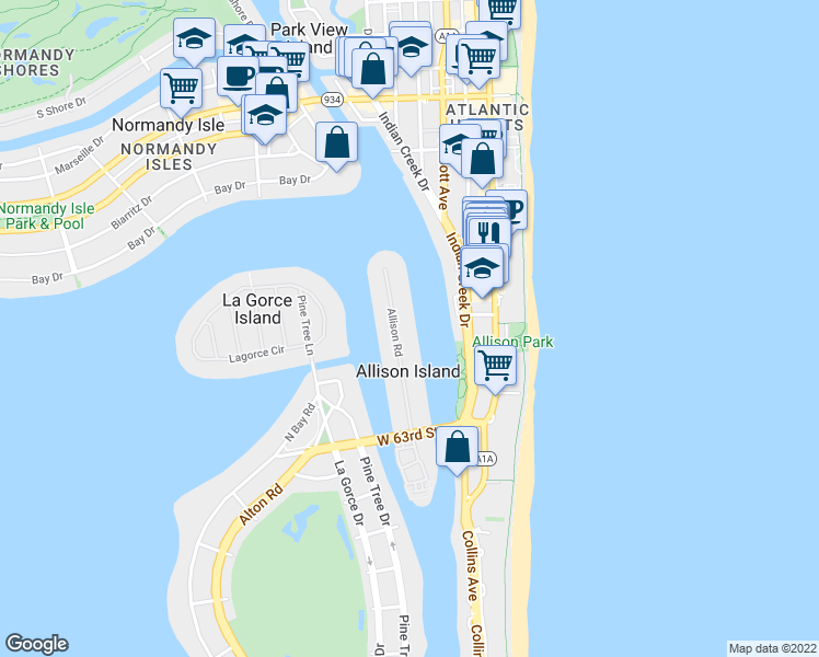 map of restaurants, bars, coffee shops, grocery stores, and more near 6505 Allison Road in Miami Beach