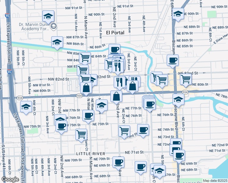 map of restaurants, bars, coffee shops, grocery stores, and more near in Miami
