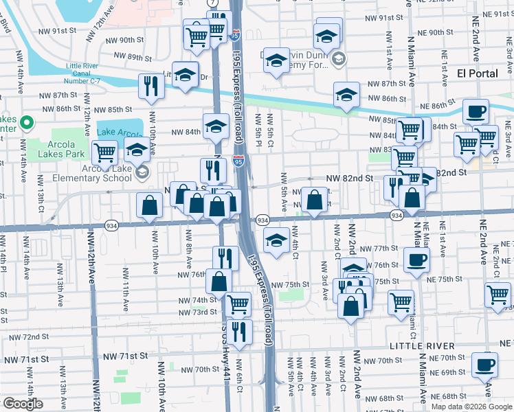 map of restaurants, bars, coffee shops, grocery stores, and more near 7970 Northwest 5th Court in Miami