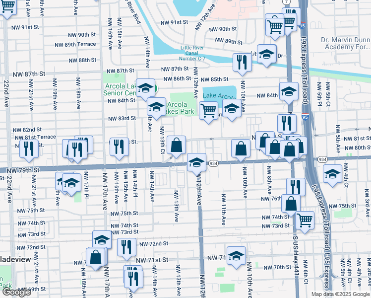 map of restaurants, bars, coffee shops, grocery stores, and more near 8079 Northwest 12th Place in Miami