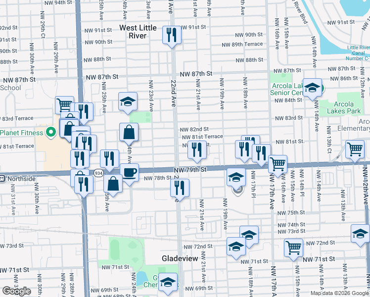 map of restaurants, bars, coffee shops, grocery stores, and more near 8041 Northwest 22nd Avenue in Miami