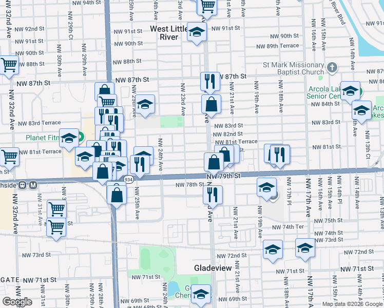 map of restaurants, bars, coffee shops, grocery stores, and more near 2260 Northwest 81st Street in Miami