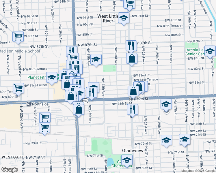 map of restaurants, bars, coffee shops, grocery stores, and more near 2334 Northwest 81st Street in Miami