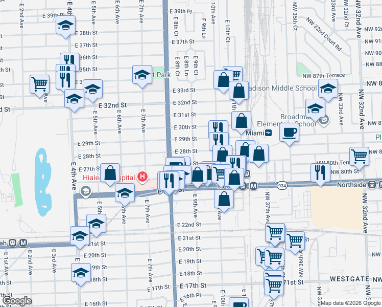 map of restaurants, bars, coffee shops, grocery stores, and more near 860 East 28th Street in Hialeah