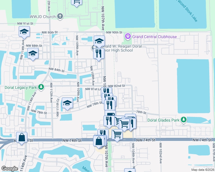 map of restaurants, bars, coffee shops, grocery stores, and more near 8191 Northwest 107th Court in Doral