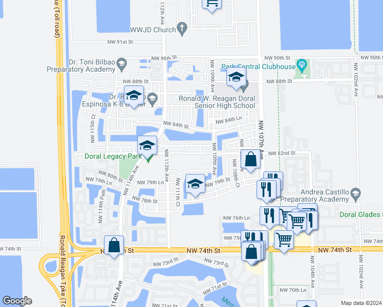 map of restaurants, bars, coffee shops, grocery stores, and more near 11002 Northwest 83rd Street in Doral