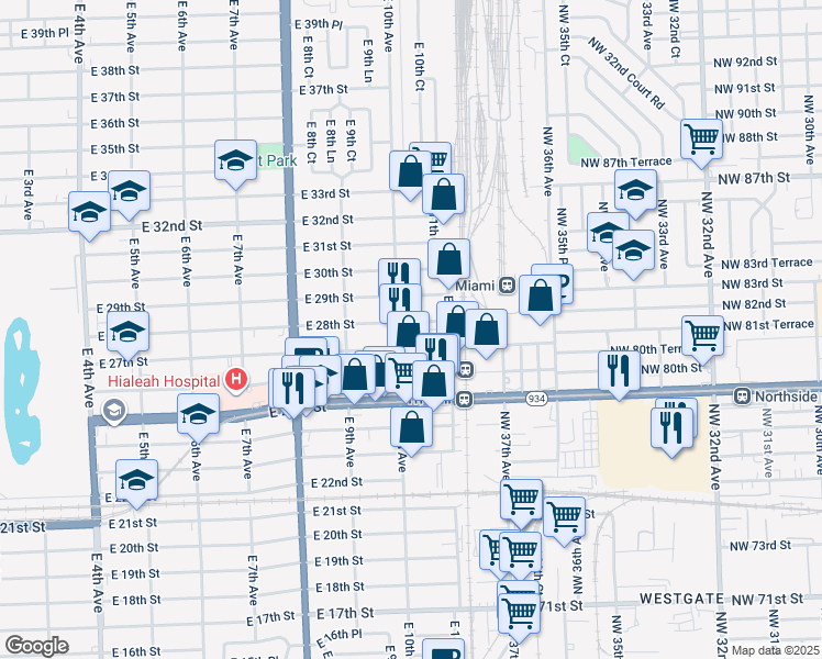 map of restaurants, bars, coffee shops, grocery stores, and more near 1010 East 28th Street in Hialeah